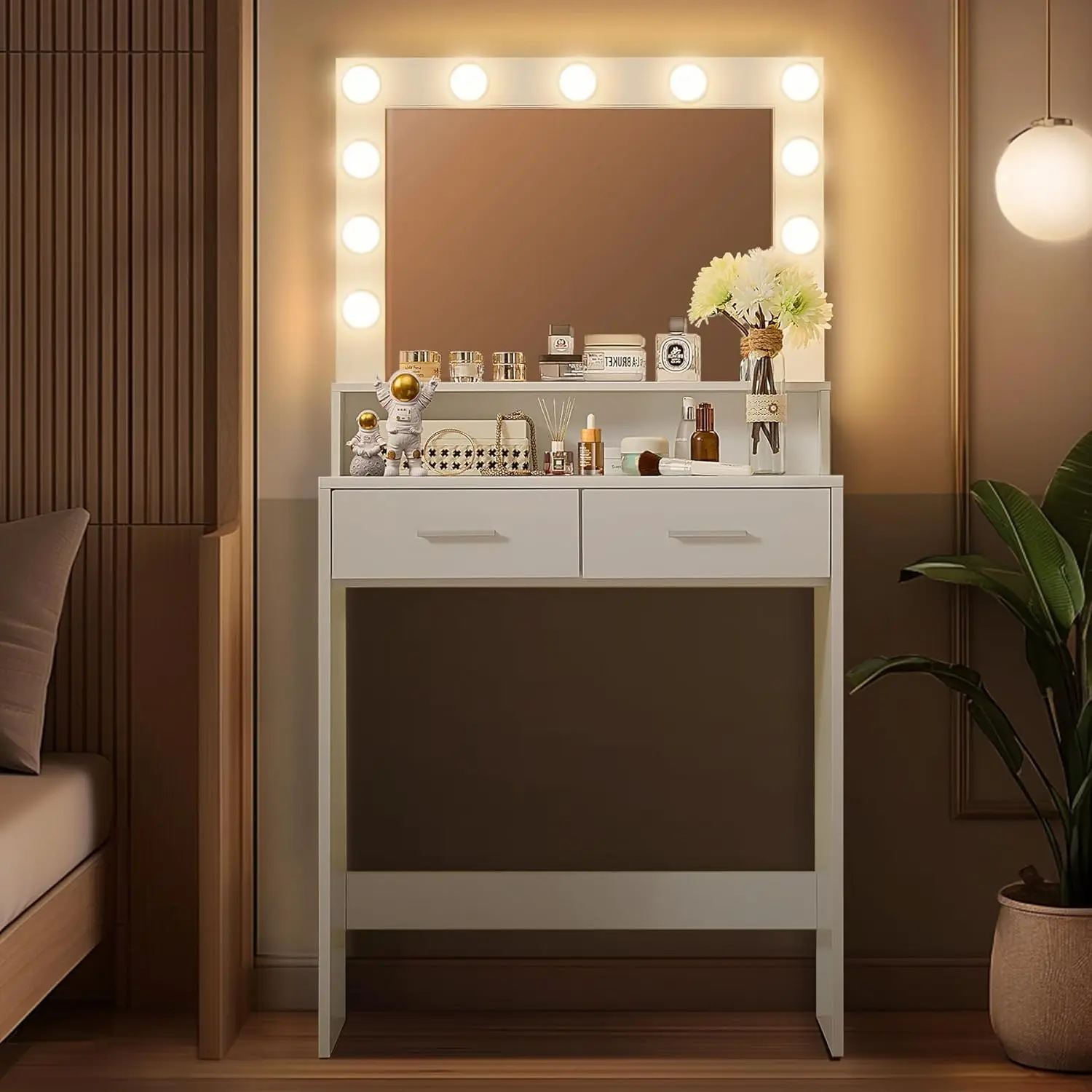 Vanity Desk with Mirror and Lights, Dressing Table with Large Drawer, 2 Level Storage Dresser & 3 Lighting Modes Adjustable