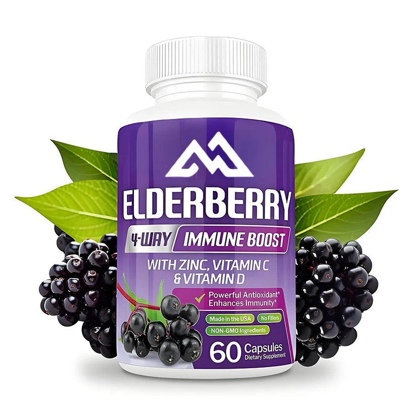 Organic elderberry capsules, immune enhancing vitamin C, D, and zinc 1260mg adult elderberry supplement, 60 capsules