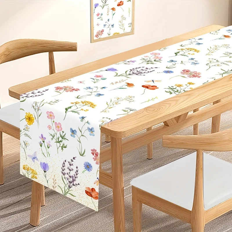 1 Stück Aquarell-Tischläufer mit frischem Blumenmuster, bunter Pflanzen-Print, Tischdekoration, Stoff im nordischen Stil, für Esszimmer, Couchtisch, lange Tischdecke