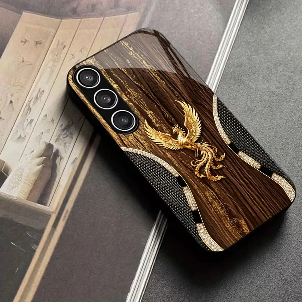 Wood Grain Golden Phoenix phone case glass s26 ultra case s25 ultra case for Samsung Galaxy S26 S25 S24 S23 S22 FE,Ultra,Plus