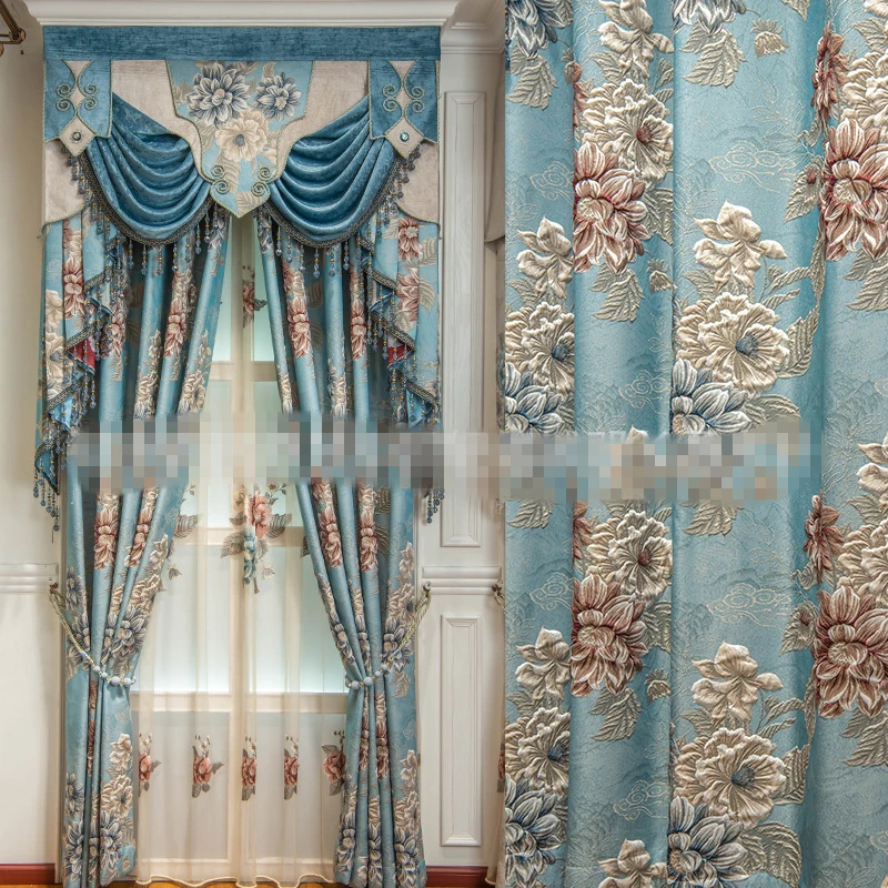 Custom curtains luxury French embossed palace bedroom blue Jacquard cloth blackout curtain tulle valance drape C950