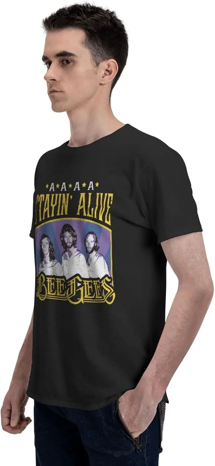 تي شيرت رجالي مطبوع ثلاثي الأبعاد خفيف الوزن DIY Bee Band Gees Stayin Alive برقبة دائرية وأكمام قصيرة قميص أسود
