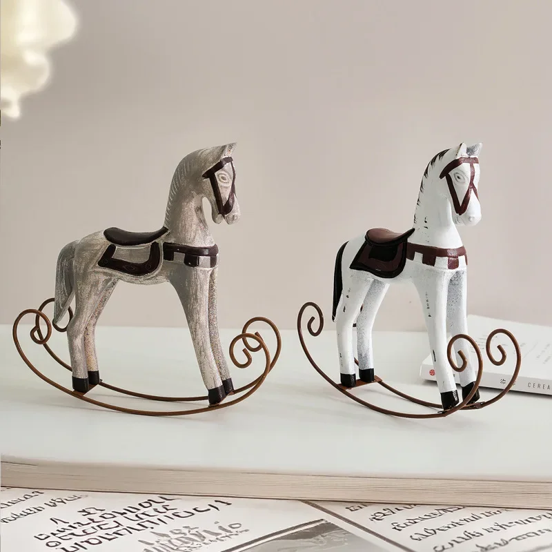 Wooden Rocking Horse Nordic Retro Vintage Figurines Children's Room Decoratio