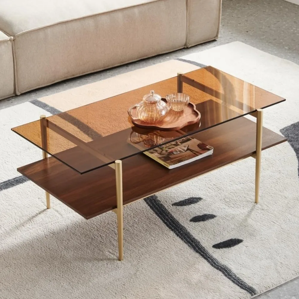 Couch tisch aus Glas, doppels chich tiger Couch tisch für Wohnraum, Rahmen in Gold optik, kaffee braune Glasplatte und Walnuss braun