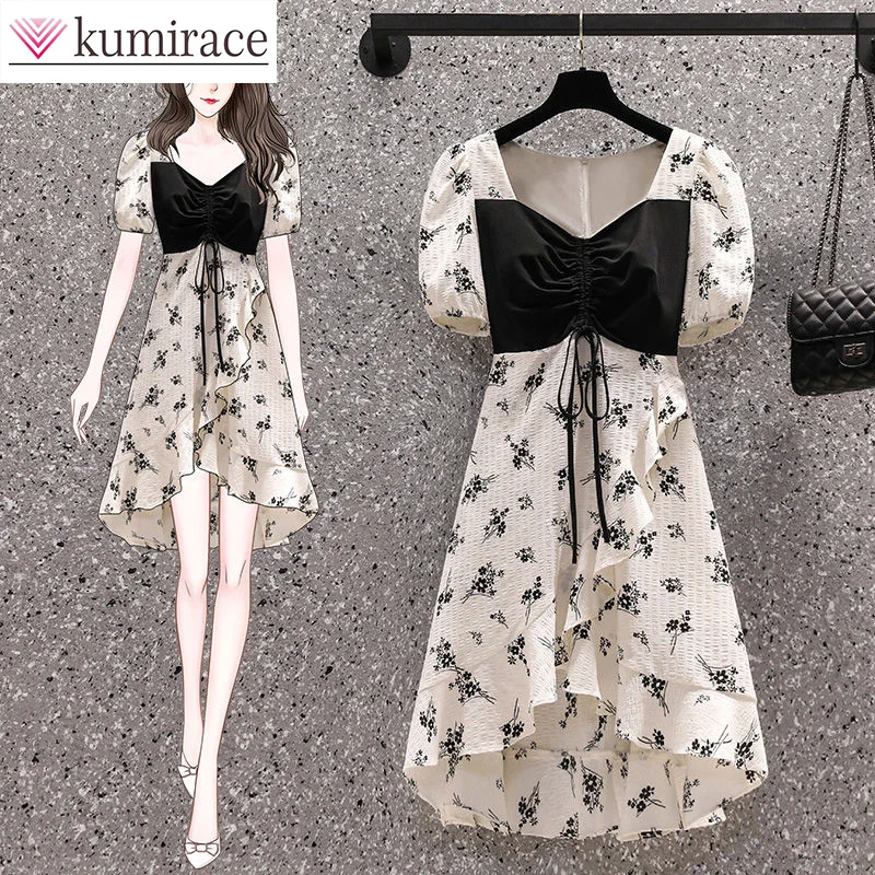 

2023 Summer New Oversized Women's French Elegant Splice Fragmented Blossom Covers the Stomach Slim A-line Dress Women Clothing