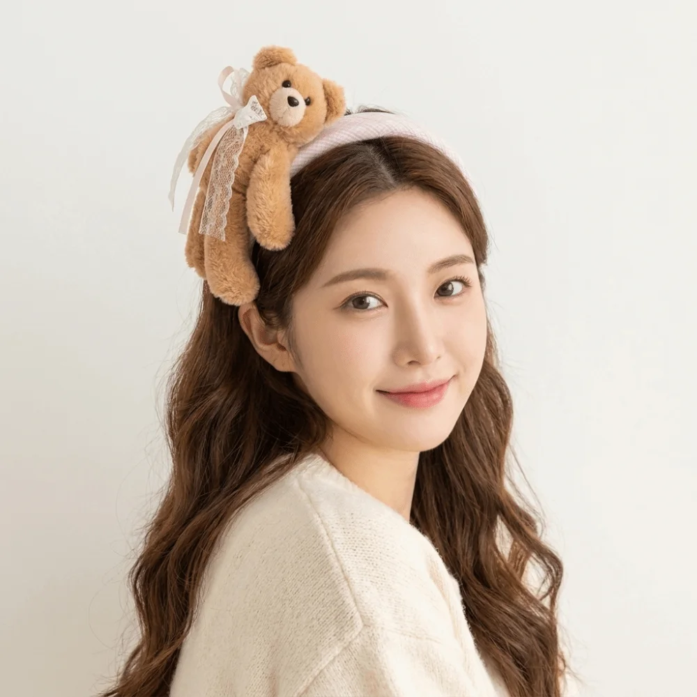 Pink Hair Clip Bear Headband Lace Bow Soft Cartoon Animal Hair Claw Non-slip Texture Lightweight Blue Plaid Scrunchies Makeup