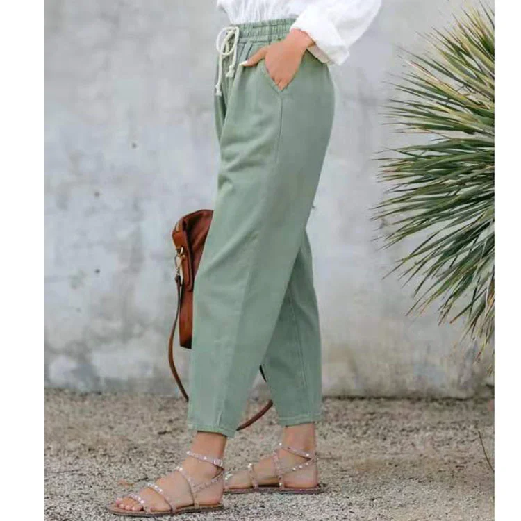 2022 European And American Women's Clothing Summer New Solid Color Casual Elastic High Waist Straight Trousers Women