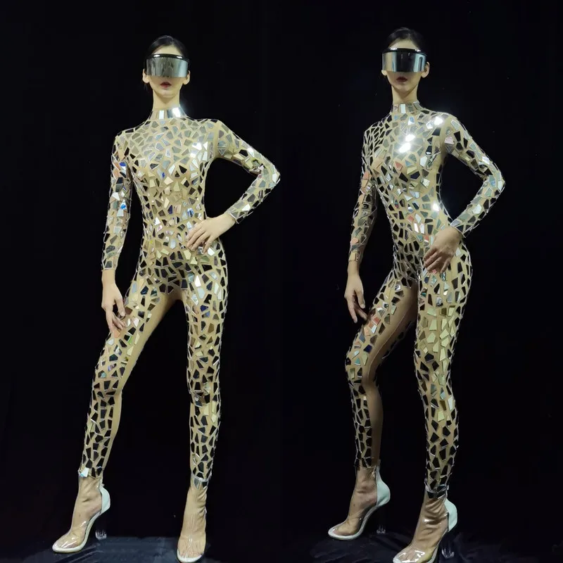 Kostiumy z lustrami Srebrny kombinezon z cekinami Jasny strój wieczorowy Klub nocny Bar DragQueen Kostiumy sceniczne Skinny Rompers