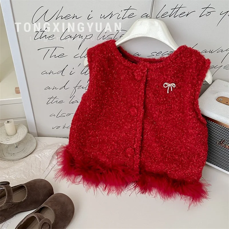 2024 Autumn Winter Children Girls Waistcoat Plus Velvet Solid Embroidey Knotbow Warm Baby Girl Vest Toddler Girl Sleeveless Coat