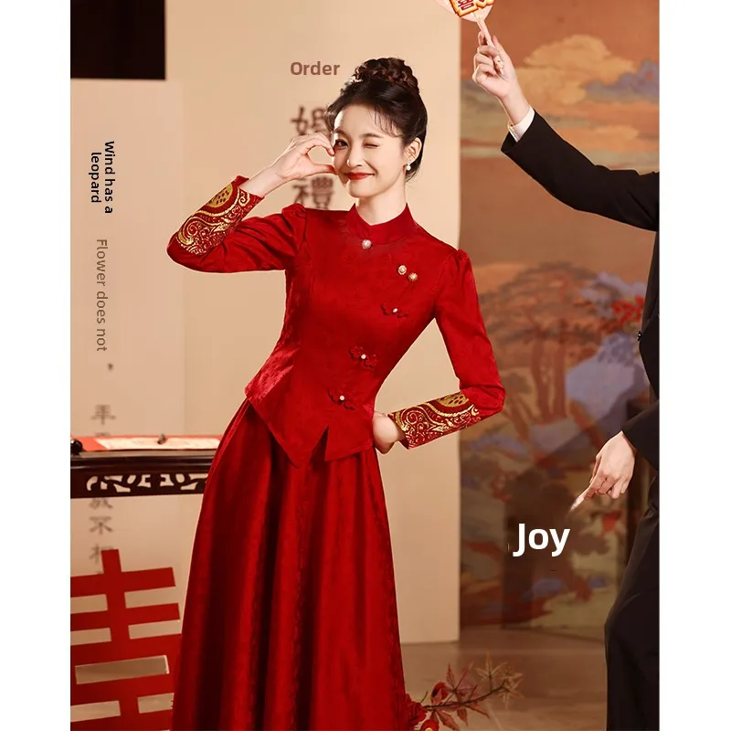 

Red Long Sve Wedding Dr Set New Chinese Sle National Trend New Bride ow He Wedding Ceremony Dinner Dr