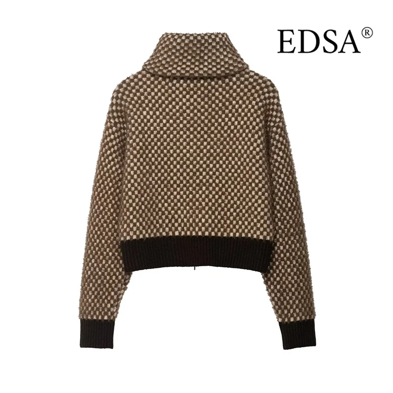EDSA Chaqueta corta de piel sintética tejida en contraste para mujer, chaqueta Bomber informal de manga larga con cuello alto y cremallera lateral para mujer