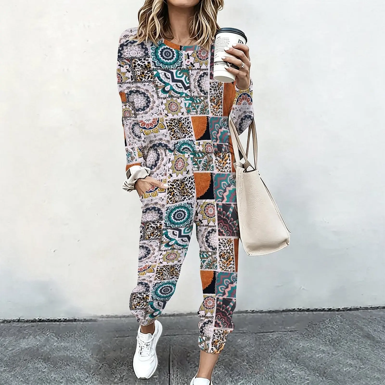 Women 2 Piece Tracksuit Set Print Long Sleeve Crew Neck Top And Jogger Pants Casual Streetwear Outfit With Pockets