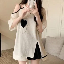 Women Clothing Korean Irregular Csual O-neck Short Sleeve T-Shirt Summer Fashion Strapless Loose Top Tee Female Casual Tops