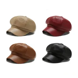 Autumn and Winter Leather Octagonal Hat Women's British Style Retro Casual Beret Cute Fashion Versatile