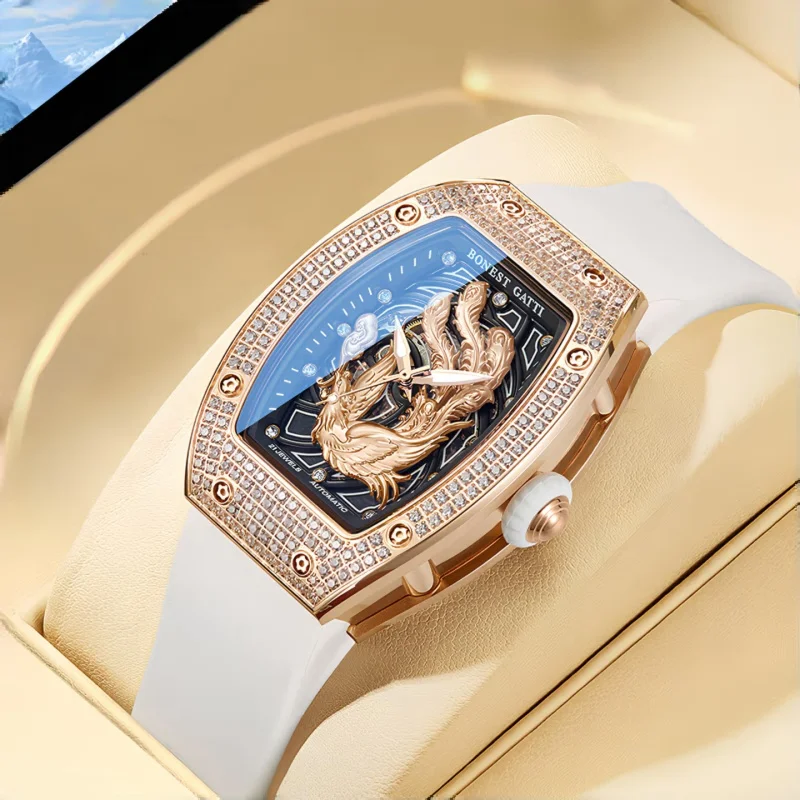 Reloj mecánico automático de lujo para mujer BONEST GATTI, reloj de pulsera informal de negocios elegante con bisel de diamantes Aurora para mujer