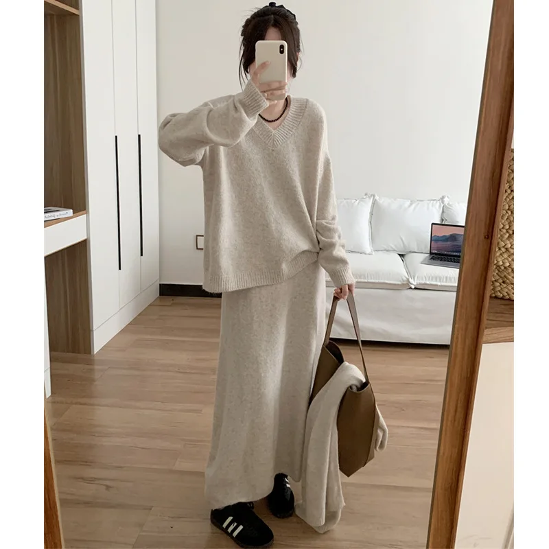 

Женские комплекты из трех предметов, однотонный одинаковый комплект, вязаный шарф, топ с круглым воротником, платье с эластичной резинкой на талии, свободный крой, осень-зима 2024 г.