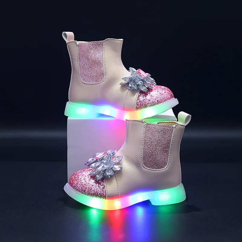 

2026 Fall Winter Kids LED Light Up Leather Boots - Crystal Ankle Boots, Fashion Princess Boots for Girls
