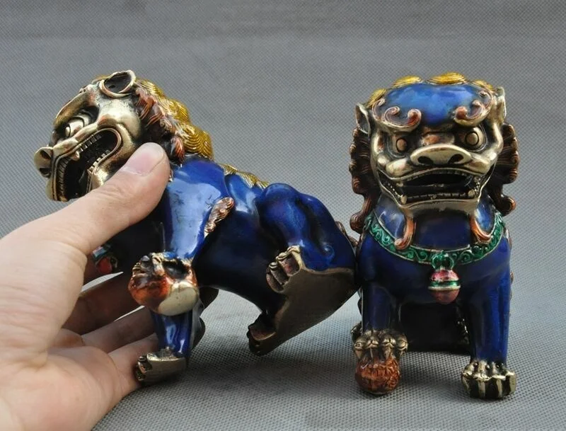 زوج قديم فنغشوي البرونزية مصوغة بطريقة الحرس فو فو الكلب الأسد الوحش تمثال #5