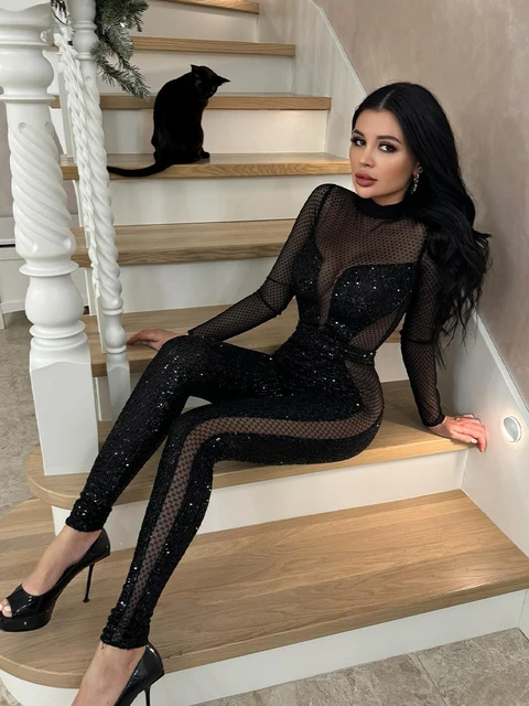 Siateczkowe patchworkowe kombinezony dla kobiet Moda Sexy Club Cekinowe długie rękawy O-Neck Slim Fit See Through Romper Kobieta Streetwear