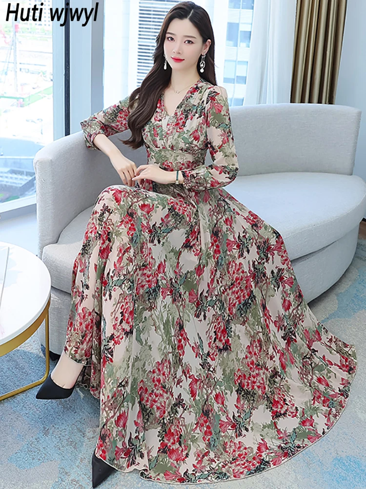 2024 Floral Long Sleeve V-Neck Maxi Dress Spring Autumn Elegant Bodycon Party Evening Dress Fashion Female Chic Prom Long Dress