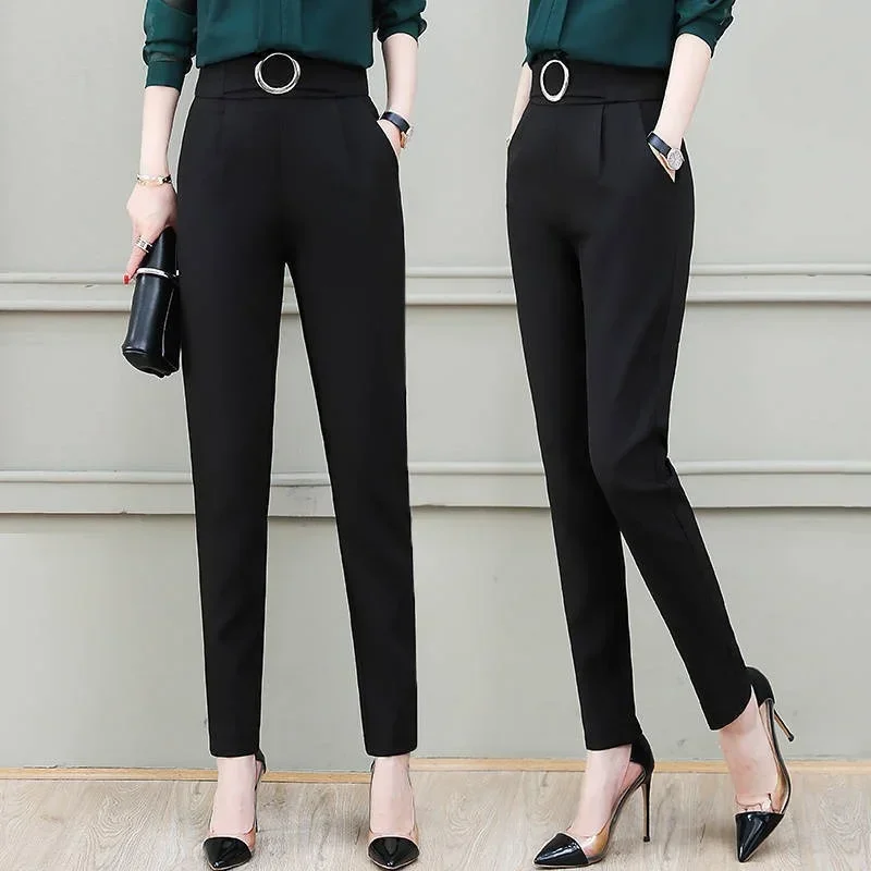 Spring and Summer Women Elastic Suit Harlan Pants Black High-waist Fashion Nine-point Suit Pants Slim Casual Pants Women