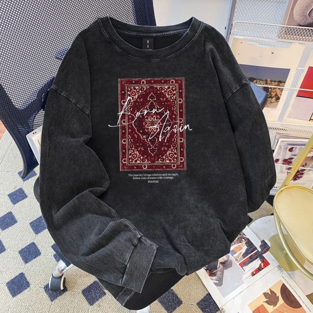 Faionable Loose Long Sve round Ne T-irt Cotton Casual Sle Worn-In Look Women's Autumn Top Printed Loose Top