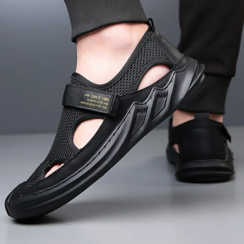 2026 Summer Men's Sandals Breathable Hollow Out Soft Bottom Slip-On Casual Shoes for Man Comfortable Mesh Magic Tape Sneakers