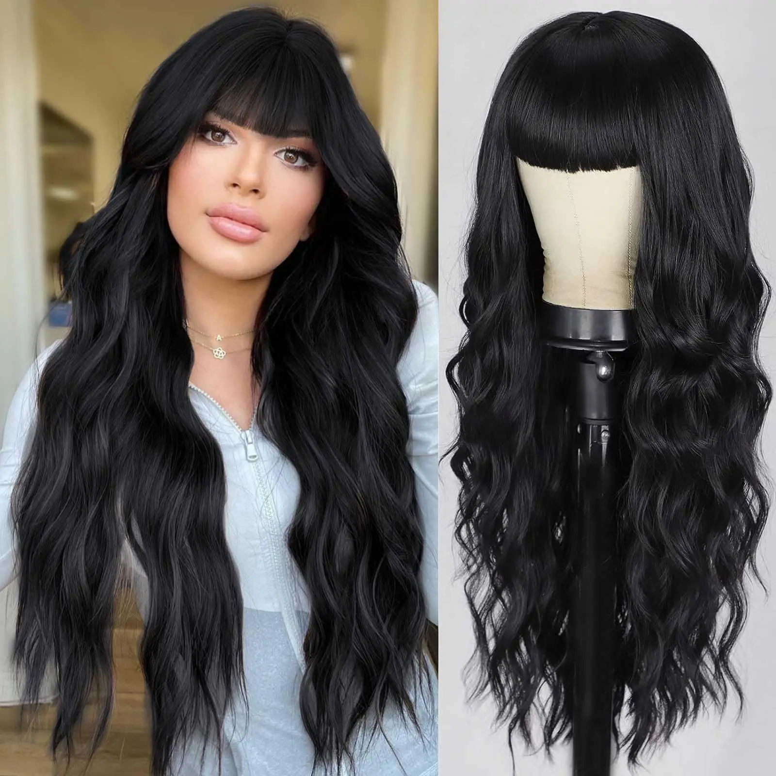 Black Synthetic Realistic Wig Long Natural Wave wigs With Bands Woman Stylish Women Stylish Fancy Glamorous Silky Heat Resistant