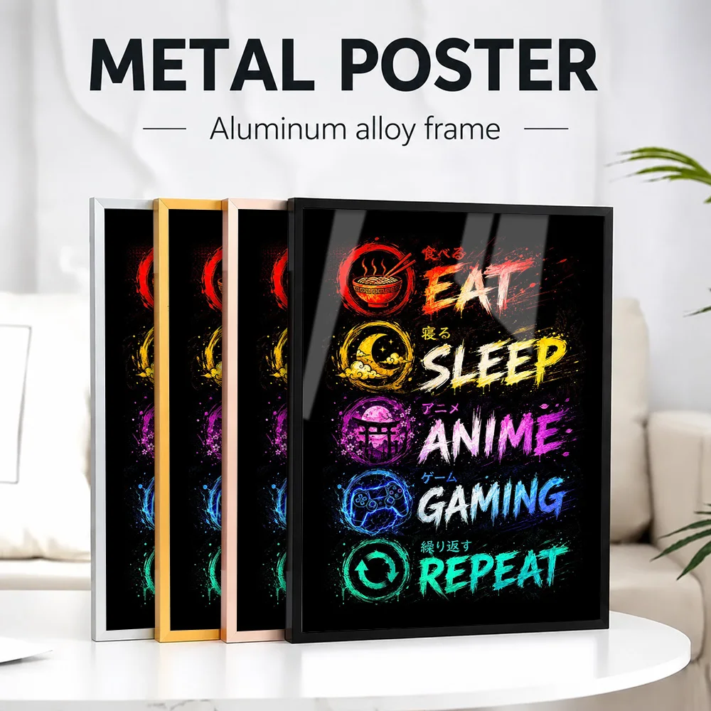 Eat Sleep Anime Gaming Repeat Framed Aluminum Metal Poster Customized Photo Moody Quest Style Wall Art For Study Birthday Gift
