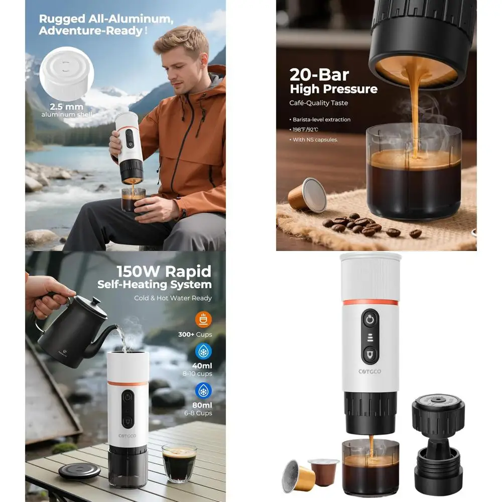 

Портативная эспрессо-машина, 20 бар, давление, самонагрев, автоматическое выключение, аккумулятор емкостью 13500 мАч, заваривание 8 снимков, мини-кофемашина 12 В, Compa