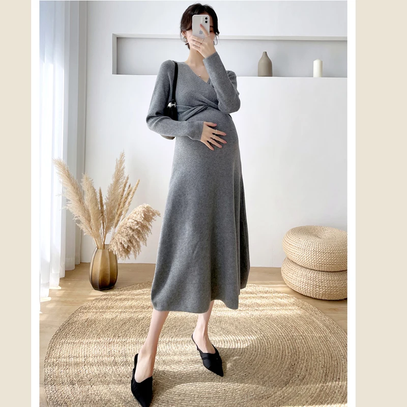 

Solid Maternity Dresses V-neck Long Sleeves High-quality Elegant Mid-length Dress Fashion Temperament Commuting Pregency Wear