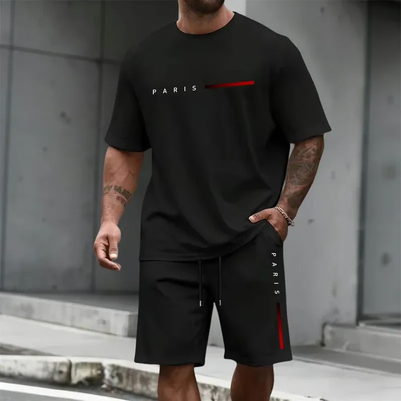 2026 Paris Fashion Men's Set O-neck Cotton T-shirt and Casual Shorts Summer Urban Fashion Short Sleeve Cool Outfits Home Outdoor