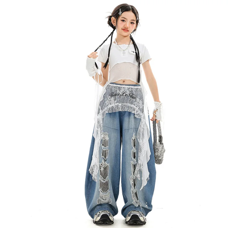 Koreanische Jazz Dance Band Cropped Top Straße Sheer Patchwork Kurzarm T Denim Hosen für Mädchen Kind Hip Hop Dance Tragen Kostüm