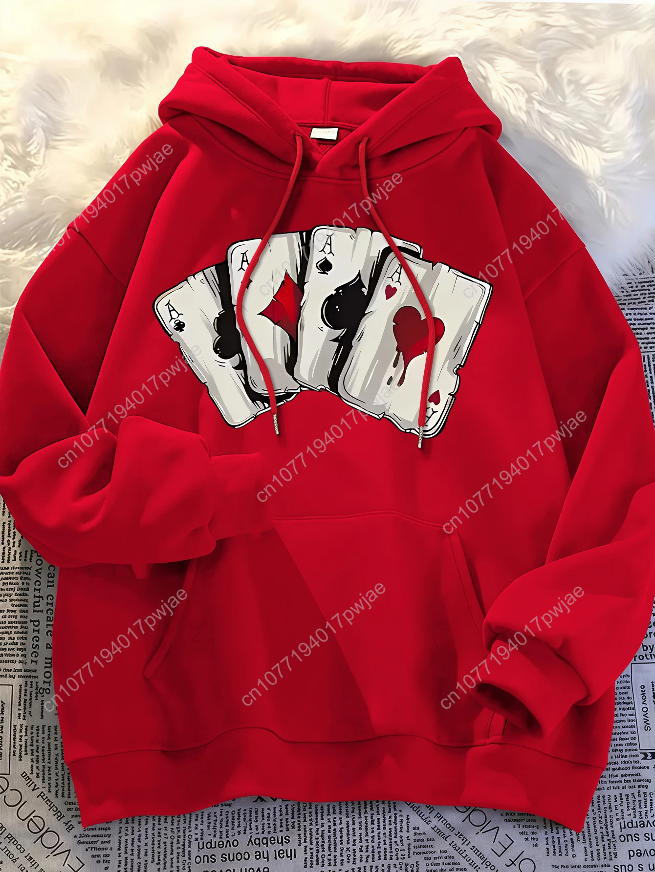 [Sudadera con capucha de póker de moda] Sudadera con capucha informal de moda para hombre - Negro con gráfico de tarjeta de póquer roja y blanca - Sudadera con capucha de invierno - Regular