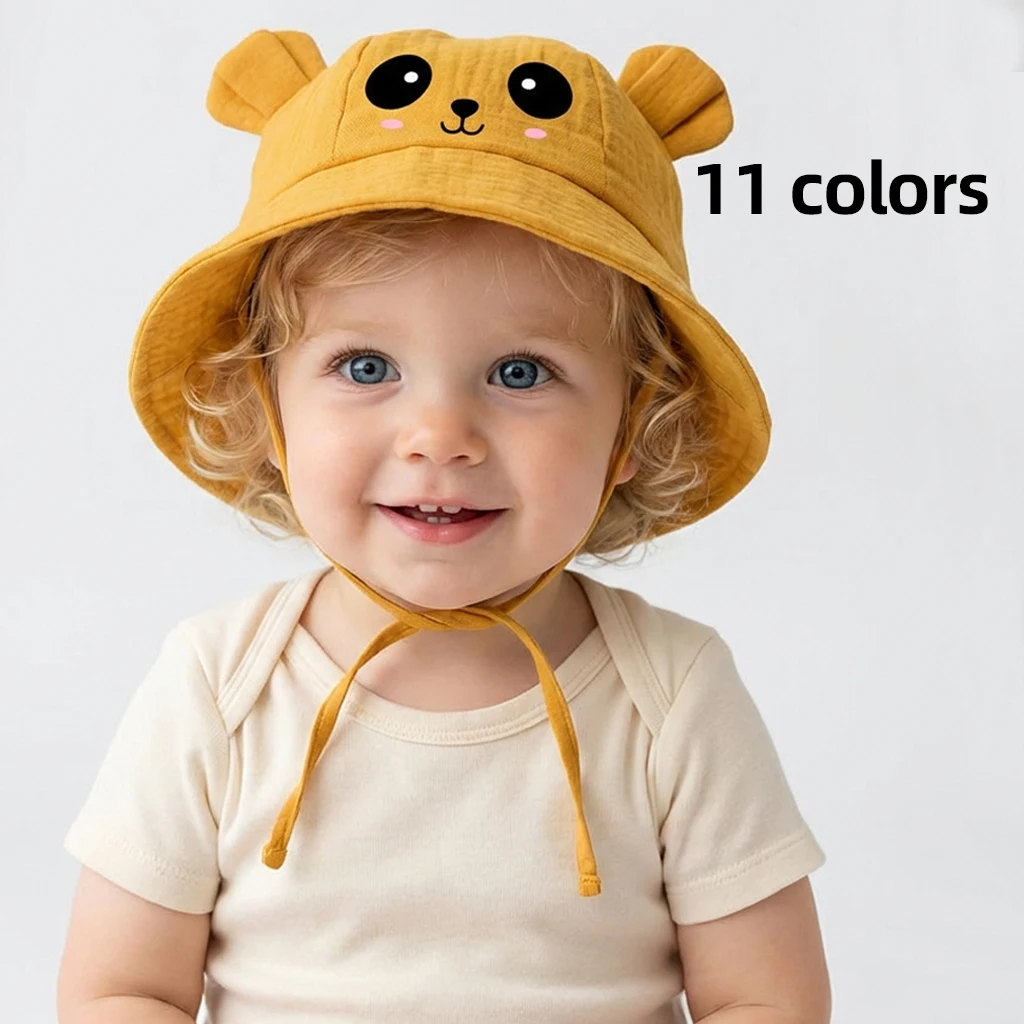 Frühling Sommer Neu Kinder-Gaze-Fischerhut mit geprägtem Bärenmotiv – Sonnenschutz-Accessoire für Babys
