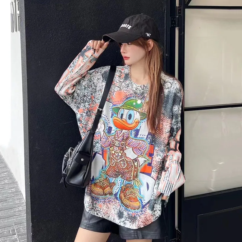 Fashion Diamonds Sweater Women Pullovers Cartoon Duck Pattern Printed Autumn Winter Vintage Clothes Loose Casual Full Sleeve Top