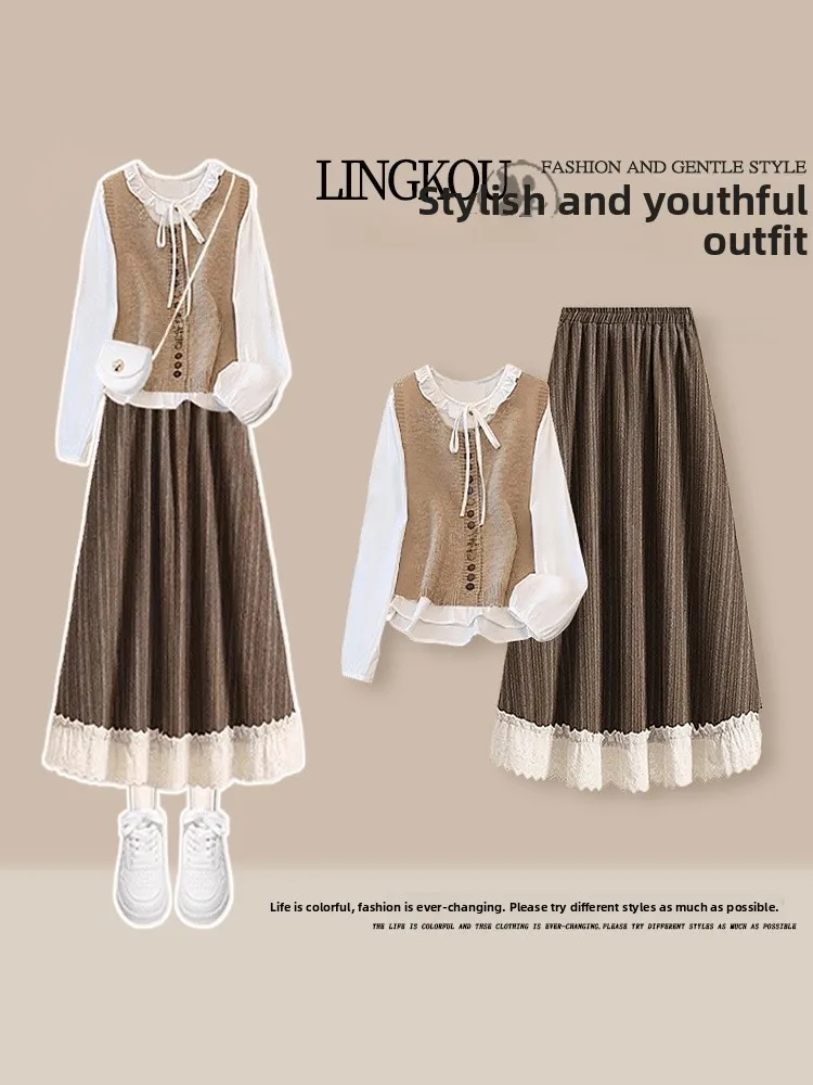 

Stunning plus Size Autumn Set Women's Color Block Slimming Shirt High Waist Skirt Concealing Meat Two Piece Set Fashiona...