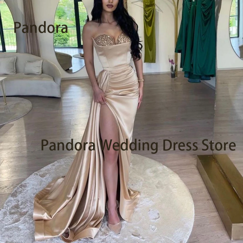 

Pandora Champagne Women's Formal Evening dress floor-length sequin Strapless Mermaid sweep train Pleats Birthday prom party gown