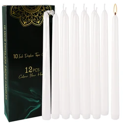 12-Pack of 10inch White Stick Candles, Drip-Free, Smokeless, Unscented, Household Dinner Candles, Hand-Poured, Premium Quality, Suitable for Churches, Homes, Weddings, Parties, Seasonal Celebrations, Emergencies, and Home Decoration, Perfect for Christmas, Halloween, Easter, Thanksgiving, Day of the Dead, Valentine's Day, and Independence Day.