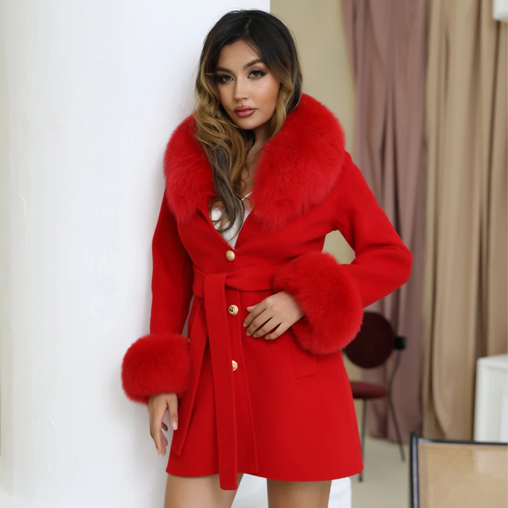 

Cashmere Coat Women Autumn Winter Wool Dress Fox Fur Collar Outwear