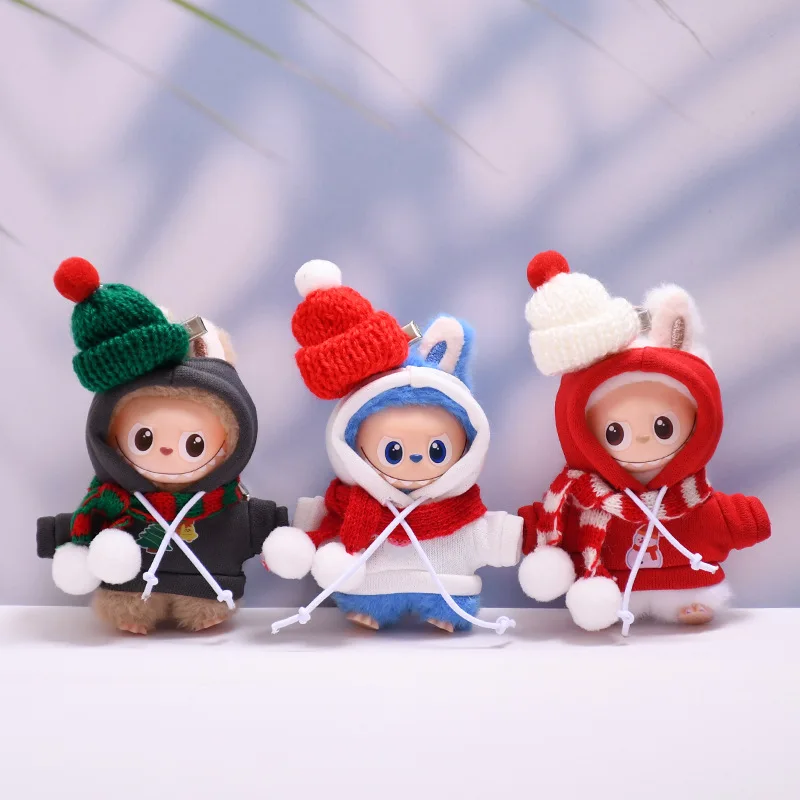 Nieuwe kerstoutfit voor 10 cm 4e generatie Mini LABUBU Pin For Love Series Sneeuwpop-thema Hoodie met muts en sjaal Set Feestelijke stijl