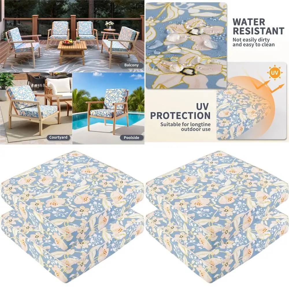 

Set of 2 Outdoor Patio Chair Cushions, 20x20x4 Inches, Waterproof with Ties, Blue Floral Pattern