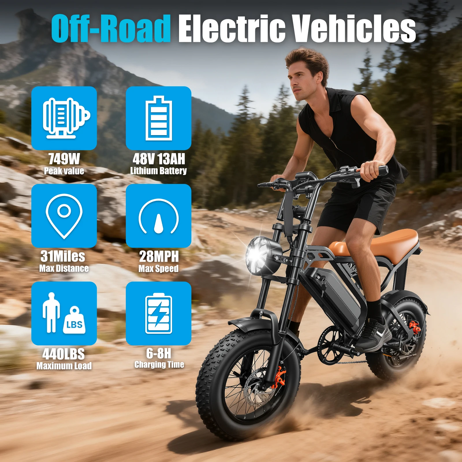 

Adult electric bicycle peak range of 1000W-38+miles - maximum speed of 28 miles per hour, 48 volt 13 ampere hour battery, full s