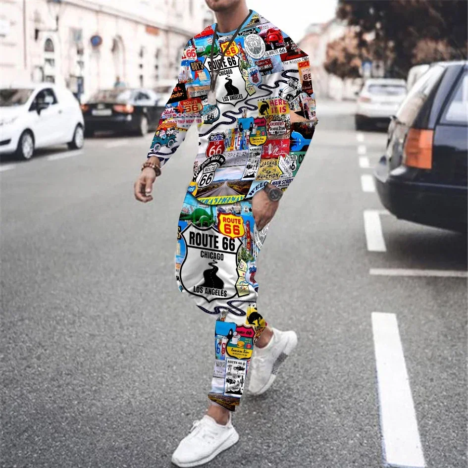 Fashion Men Tracksuit Suit Long Sleeve Tshirt Trouser 2 Piece Set Route 66 Print Men\'s Oversized Clothes Trend Retro Streetwear