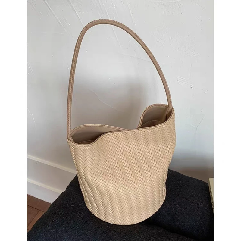 

Сумка на плечо из ротанговой ткани, однотонная женская сумка-ведро большой вместимости, летняя пляжная дорожная сумка, корзина для покупок