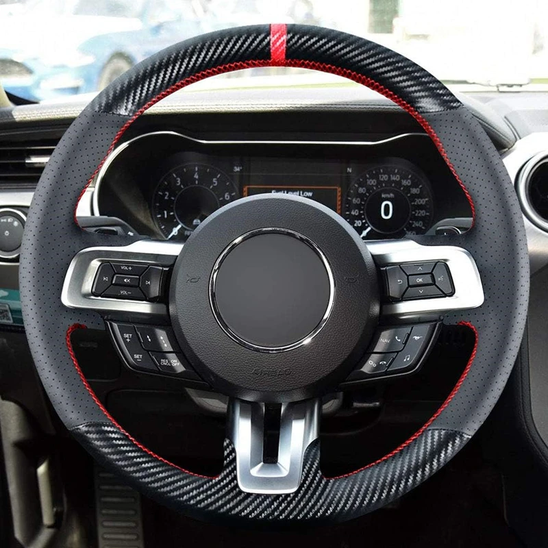 DIY Steering Wheel Cover Custom Fit for Ford Mustang 2015 2016 2017 2018 2019 2020 2021 Black Leather Carbon Fiber Interior