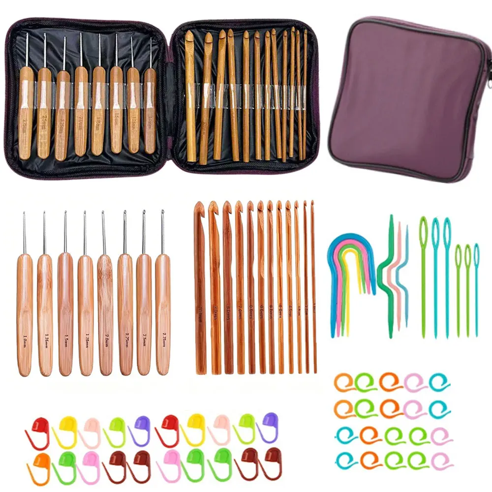 74pcs Bamboo Crochet Hooks Set Yarn Weave Craft Sewing Tools With Portable Storage Bag Knitting Crochet Hook Set Sewing Tools