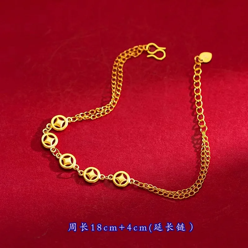 

Женский двухслойный браслет-монета из 24-каратного золота | Двусторонняя резьба, золотые бусины с кисточками, живые и изящные.