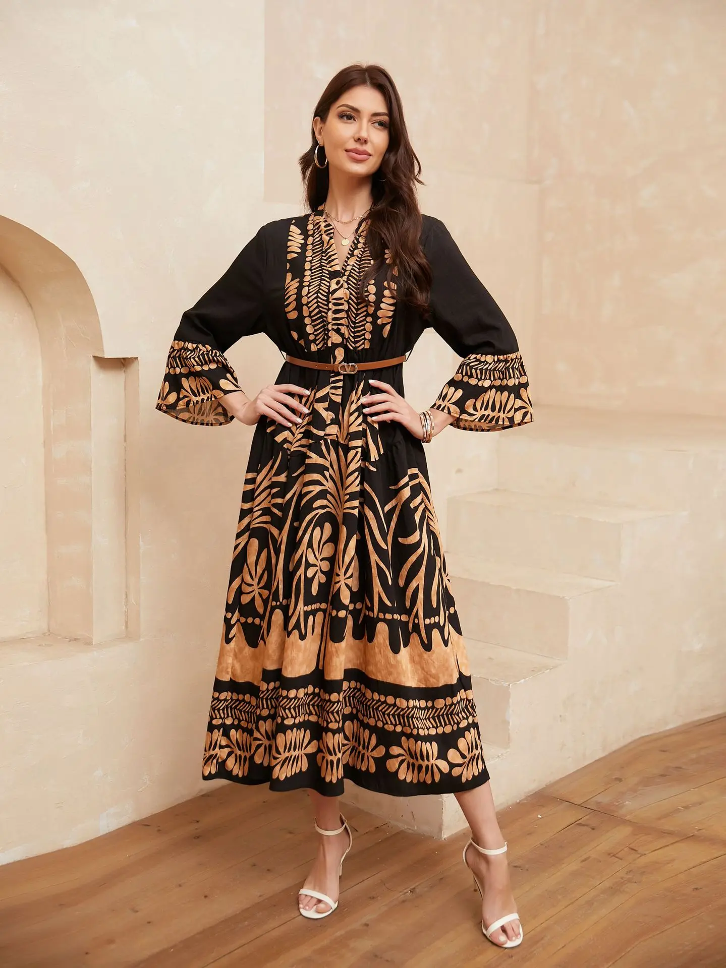 

2025 Modest Floral Maxi Dress Women's Long Sleeve Muslim Dress Breathable Loose Fit Abaya Dress Elegant Printed Evening Gown New