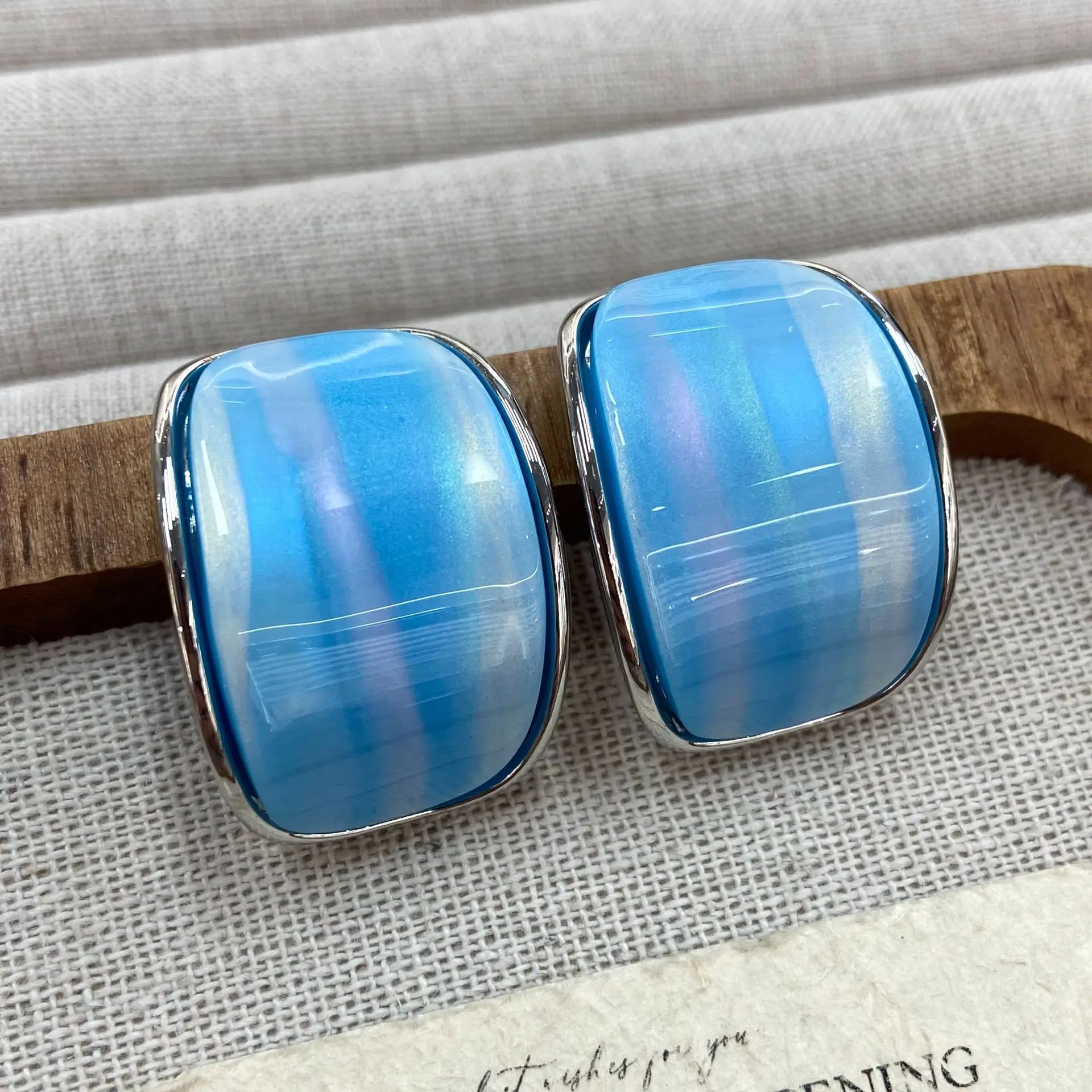 Minimalist Rectangle Drip Oil Stud Earrings Silver Metal Glossy Enamel Studs Pink Blue White Pastel Color Women Trendy Jewelry